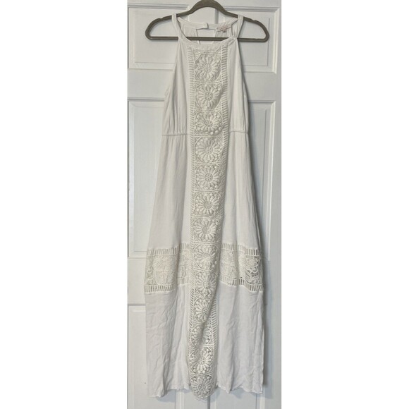 Skies Are Blue Crochet Maxi Dress Womens Large White Boho Kinsey Halter Flowy - Picture 1 of 10